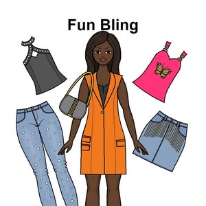 Fun Bling - Curvy Printable Paper Doll - Glitzernde Sommermode - Afrikanische Puppe - Schwarze Papierpuppe - Malvorlagen -