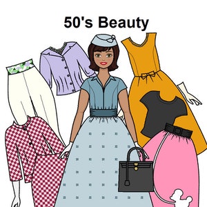 50er Jahre Schönheit - Curvy Printable Paper Doll - 1950er Jahre Stil Moden - Neunzehn 50er Jahre Papierpuppe - Retro Paper Doll - Malvorlagen -