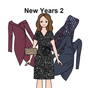New Years 2 Paper doll - Curvy Printable Paper Doll - New years dresses- Coloring pages