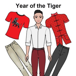 Jahr des Tigers Papierpuppe - Ausdruckbare männliche Papierpuppe - Mondneujahr Mode - Chinesische Papierpuppe - Asiatische Papierpuppe - Malvorlagen