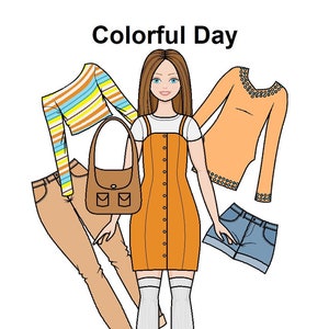 Bunte Day Paper Puppe - Rote Haarpuppe - Fröhliche Mode - Kurvige Printable Paper Doll - Malvorlagen