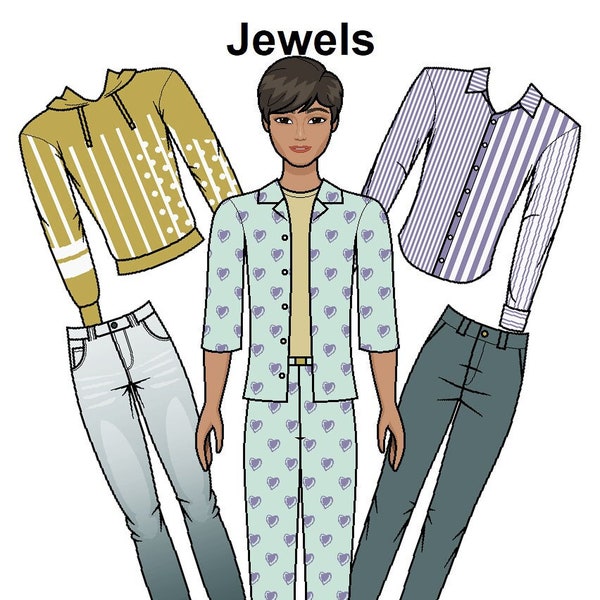 Jewels Printable Male Paper Doll - Casual and Formal fashion - High-end Fashion - Hispanic Asian Paper Doll - Coloring pages