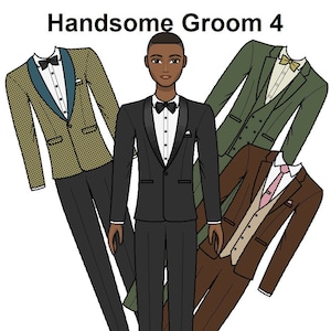 Hübscher Bräutigam 4 druckbare männliche Papierpuppe - Hochzeit Schwarze Papierpuppe - Afrikanische Papierpuppe - Puppenanzüge - Malvorlagen