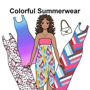 Colorful Summerwear Curvy Printable Paper Doll - Summer fashion - Summer dresses - Hispanic Latino Paper Doll - Coloring pages -