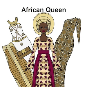 Afrikanische Königin - Curvy Printable Paper Doll - Schwarze Royalty - Couture Mode - Afrikanische Puppe - Schwarze Papierpuppe - Malvorlagen -