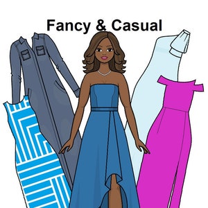 Fancy & Casual Fashion - Curvy Printable Paper Doll - High fashion gowns - Casual Dresses - Black Paper Doll - Coloring pages -