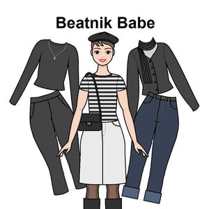 Beatnik Babe Paper doll - Curvy Printable Paper Doll - Parisian clothes - Beatnik style Paper Doll - Retro 1950s- Coloring pages