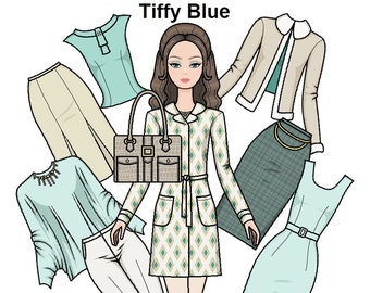 Tiffy Blue Glamour Paper doll - Printable Paper Doll - High-end fashion Doll - Coloring page
