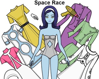 Space Race Glamour Paper doll - Printable Paper Doll - Alien Doll - 60's Space Age Fashion - High-end fashion Doll - Coloring page