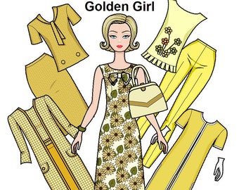 Golden Girl Glamour Paper doll - Printable Paper Doll - High-end fashion Doll - Vintage 60's style - Coloring page