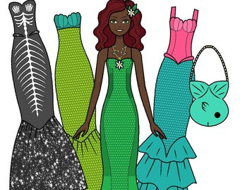 Splish Splash Paper doll - Mermaid - Halloween paper doll - AA Printable Paper Doll - African American Black Paper Doll -  Coloring page