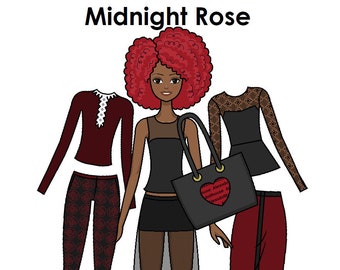 Midnight Rose Paper doll - AA Printable Paper Doll - African American Doll - Black Paper Doll - Coloring page