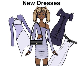 New Dresses Paper doll - AA Printable Paper Doll - Purple Dresses- African American Doll - Black Paper Doll - Coloring page