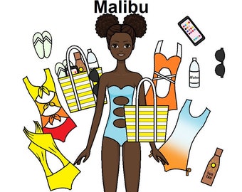 Malibu Paper doll - beach paper doll - AA Printable Paper Doll - African American Doll - Black Paper Doll - Coloring page