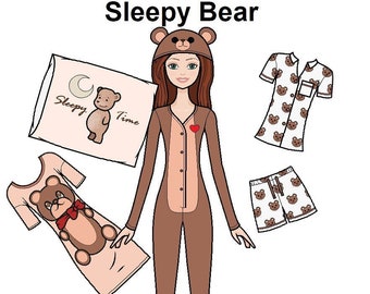 Sleepy Bear Printable Paper Doll - PJS Pyjamas Pajamas - Red hair Paper Doll - Coloring pages -