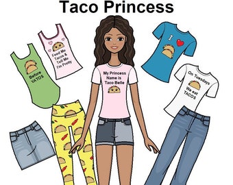 Taco Princess Printable Paper Doll - Taco Mode - Latina Hispanic Puppe - Malseite