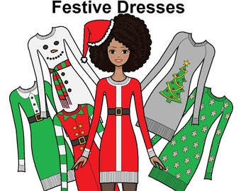 Festive Dresses Paper doll - AA Printable Paper Doll - African American Doll - Black Paper Doll - holiday dresses - Coloring page