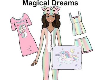 Magical Dreams Printable Paper Doll - PJS Pyjamas Pajamas - Unicorn - Latina Paper Doll - Coloring pages -