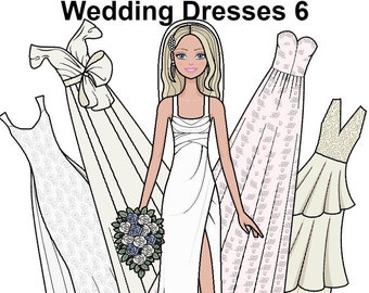 Hochzeitskleider 6 Papierpuppe - Ausdruckbare Papierpuppe - Blonde Braut - Brautkleid - Prinzessinnenkleid - Blumenstrauß - Malvorlagen