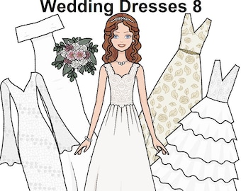 Brautkleider 8 Papierpuppe - Printable Paper Doll - Roter Kopf Braut - Meerjungfrauenkleid - Prinzessinnenkleid - Blumenstrauß - Malvorlagen
