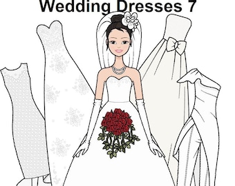 Hochzeitskleider 7 Papierpuppe – Druckbare Papierpuppe – Asiatische Braut – Meerjungfrauenkleid – Prinzessinnenkleid – Blumenstrauß – Malvorlagen