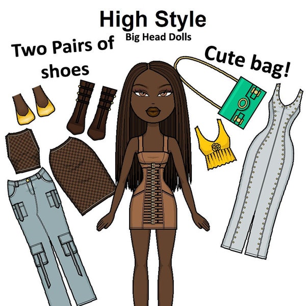 High Style Printable Paper Doll Big Heads - Black doll - High end fashion - Buckle dress - Color pages