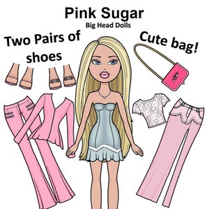 Pink Sugar Printable Paper Doll Große Köpfe - Blonde Puppe - Lux High End Mode - Pink Girly Mode - Color Pages