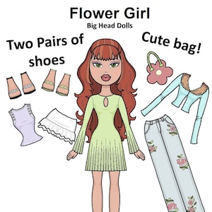 Blumenmädchen druckbare Papierpuppe Große Köpfe - Rote Haarpuppe - Blumen Jeansstoff - Flirty fun Mode - Blumen Geldbörse - Farbseiten