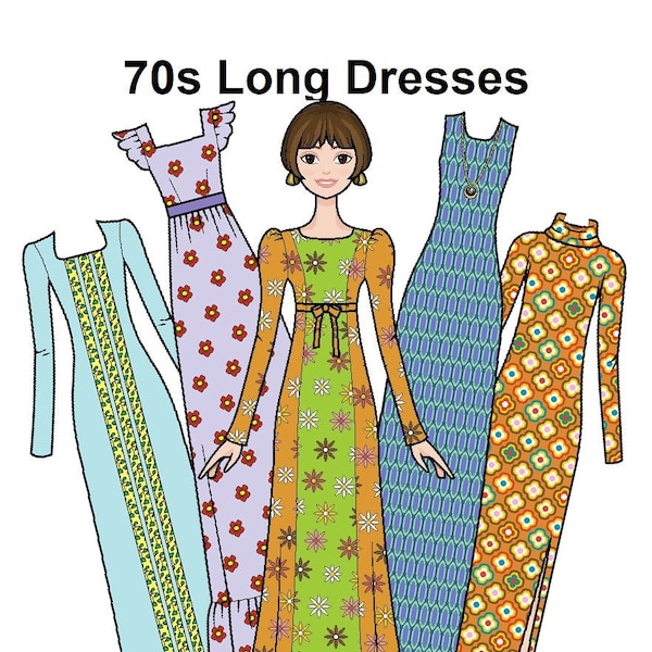 70s Long Dresses Paper doll - Printable Paper Doll - Vintage dress - retro fashion - 1970's fashion - Coloring pages