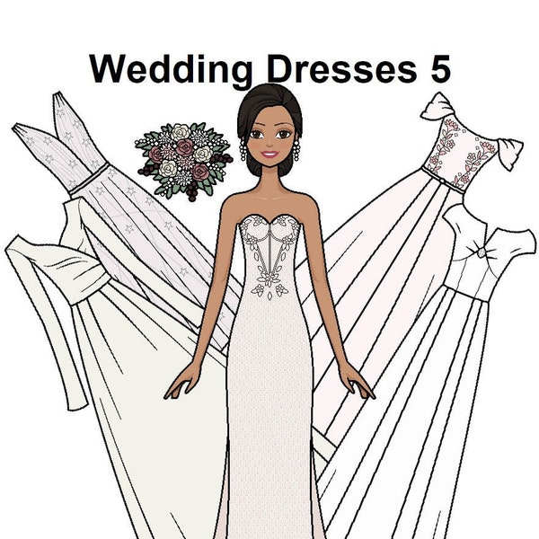 Wedding Dresses 5 Paper doll - Printable Paper Doll - Hispanic Latina Bride - Mermaid Gown - Princess Gown - Flower Bouquet - Coloring pages