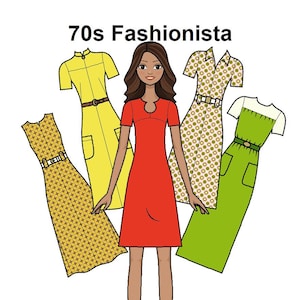 70s Fashionista Paper doll - Printable Paper Doll - Vintage dress - retro fashion - 1970's fashion - Latina Hispanic doll - Coloring pages