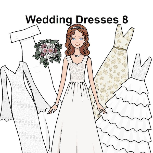Wedding Dresses 8 Paper doll - Printable Paper Doll - Red head Bride - Mermaid Gown - Princess Gown - Flower Bouquet - Coloring pages