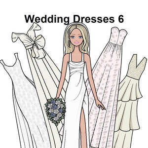 Wedding Dresses 6 Paper doll - Printable Paper Doll - Blonde Bride - Bridal Gown - Princess Gown - Flower Bouquet - Coloring pages