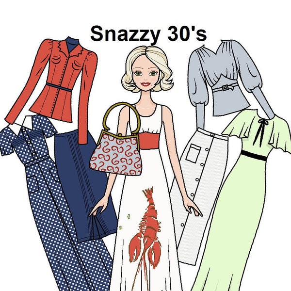 Snazzy 30's Paper doll - Blonde Printable Paper Doll -60s retro fashion Doll - Coloring page