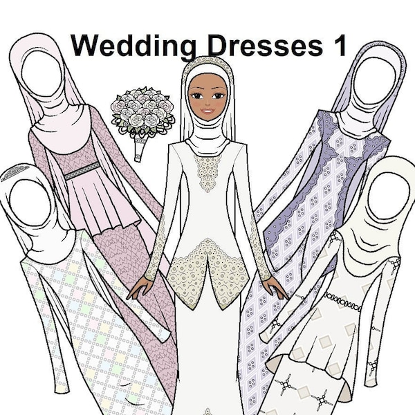 Wedding Dresses 1 Paper doll - Printable Paper Doll - South East Asian Wedding - Hijab Baju Kurung - Flower Bouquet - Coloring pages