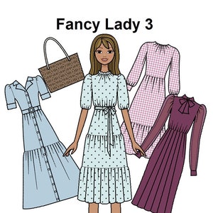 Fancy Lady 3 Printable Paper Doll - Ausgefallene Moden/Kleider - Tote Geldbörse - Latina Hispanic Puppe - Malseite