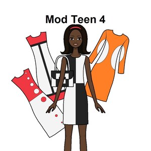 MOD Teen 4 Paper doll - Printable Paper Doll - 60&#39;s fashion - Shift dress clothes Paper Doll - Mondrian dress - black doll - Coloring pages