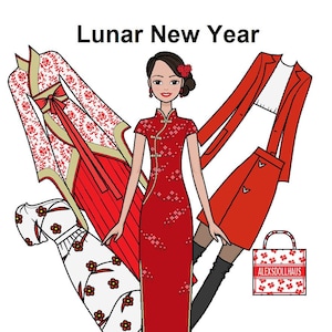 Lunar New Year Papierpuppe - AA druckbare Papierpuppe - Afroamerikanerpuppe - Schwarze Papierpuppe - Festtagskleider - Malseite