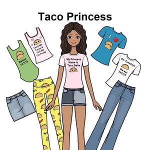 Taco Princess Printable Paper Doll - Taco themed fashion - Latina Hispanic doll - Coloring page