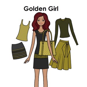 Goldene Mädchen Puppe - Roter Kopf druckbare Papier Puppe - Gold Moden - Malseite
