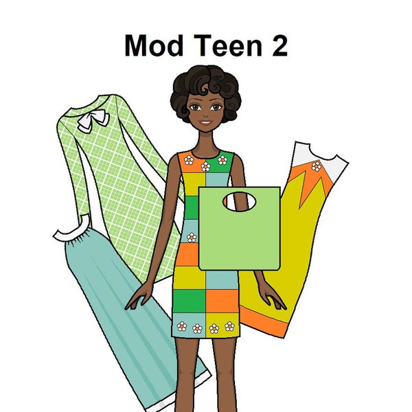 MOD Teen 2 Paper doll - Printable Paper Doll - 60's fashion - Shift dress clothes Paper Doll - Mondrian dress - black doll - Coloring pages