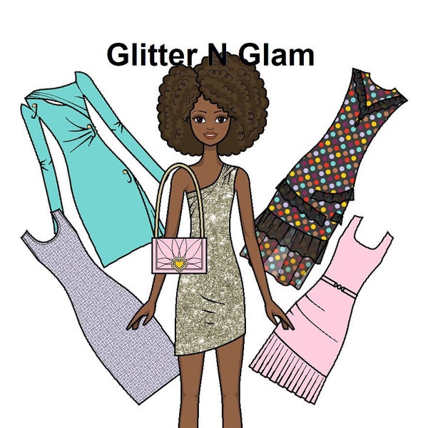 Glitter N Glam Printable Paper Doll - Glamorous dresses - Fancy dresses - Black Paper Doll - Coloring pages -