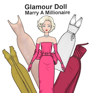 Sposa una bambola di carta glamour milionaria - Celebrità vintage Marilyn - Bambola di carta stampabile - Bambola di alta moda - Pagina da colorare