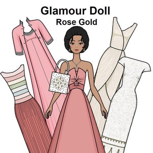 Pagina da colorare bambola di carta glamour oro rosa - bambola di carta stampabile - bambola di alta moda - pagina da colorare