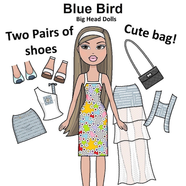 Blue Bird Printable Paper Doll Big Heads - Blonde hair doll - Flower dress - Flirty fun Fashion - high end fashion - Color pages