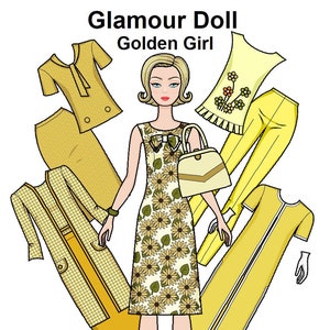 Golden Girl Glamour Papierpuppe - Druckbare Papierpuppe - High-End Modepuppe - Vintage 60er Jahre Stil - Malseite