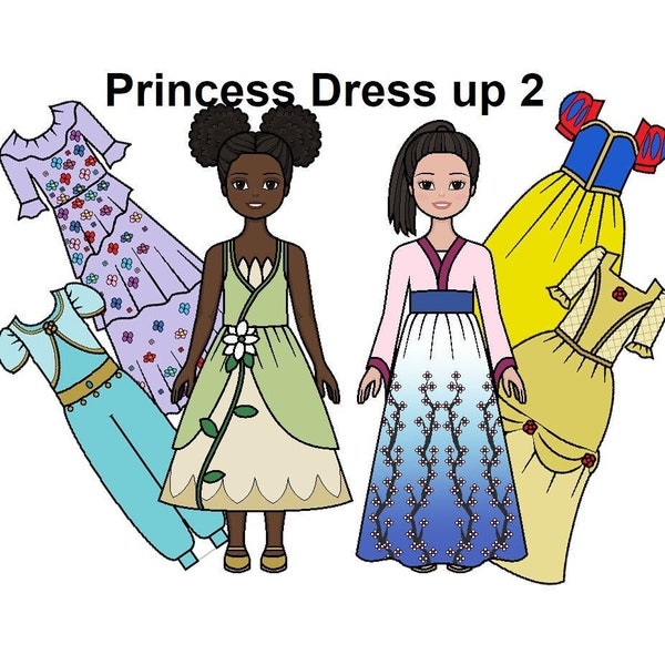 Princess Dress-Up 2 Poupée de papier - Poupée de papier imprimable - Robes de princesse - Habillage - Poupée noire - Poupée asiatique - Coloriages -