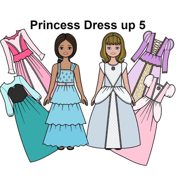 Princess Dress-Up 5 Paper doll - Printable Paper Doll - Princess dresses- dress up - Latina doll - Hispanic doll - Coloring pages -