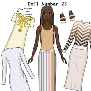 Puppe 23 Papierpuppe - Einfache klassische Mode - Schwarze Afroamerikanerpuppe druckbare Papierpuppe - Malseite