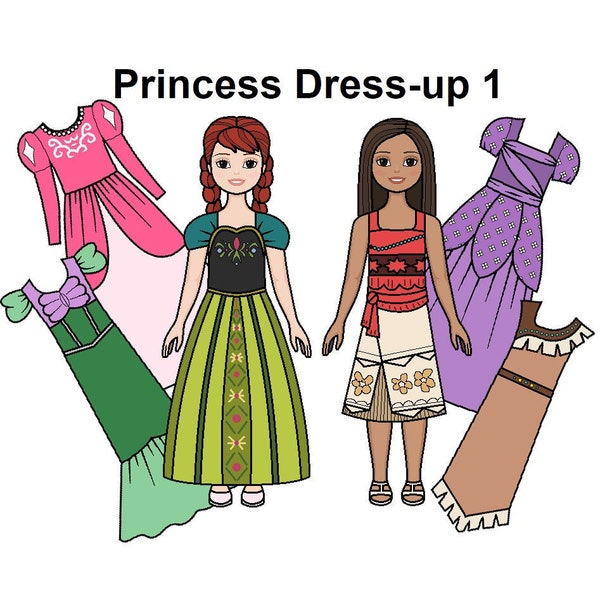 Princess Dress-Up 1 Paper doll - Printable Paper Doll - Princess dresses- dress up - Red hair -Hawaiian -Native American - Coloring pages -